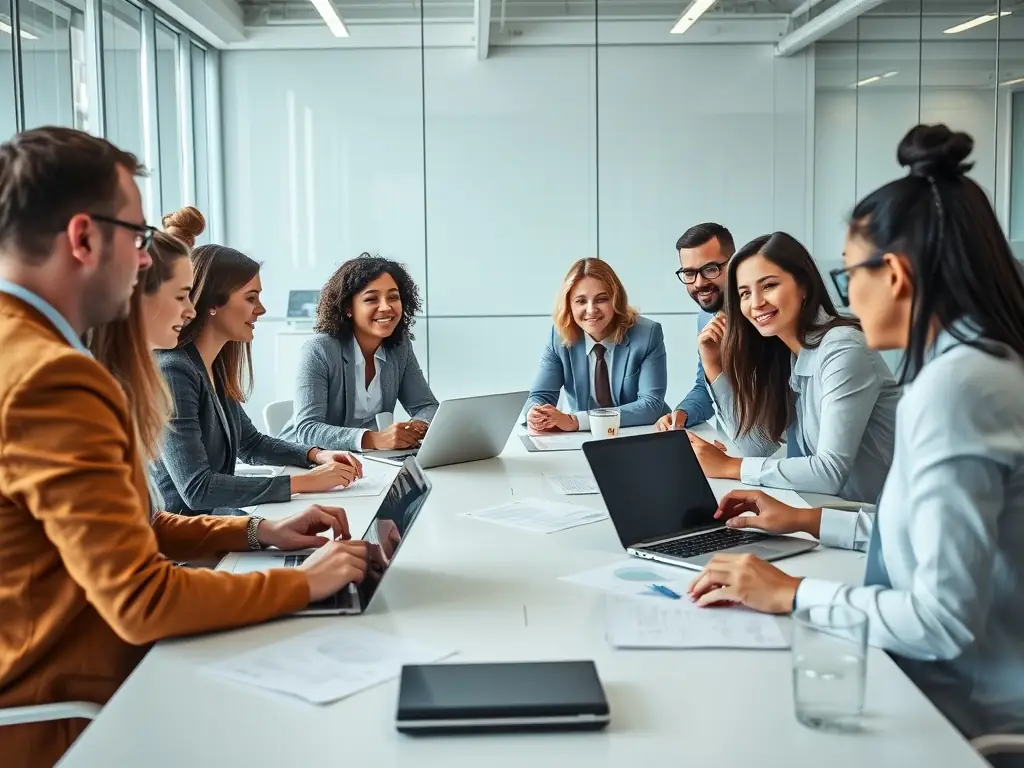 A professional workspace with a team collaborating on SEO strategies, showcasing keyword research and website optimization techniques.